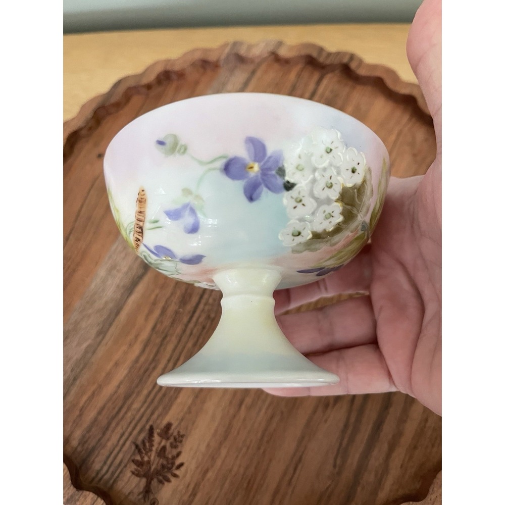 Vintage HAND-PAINTED pedestal Compote or Sherbet Dish Floral 60s Gold trim